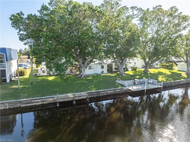 a view of a park with large trees