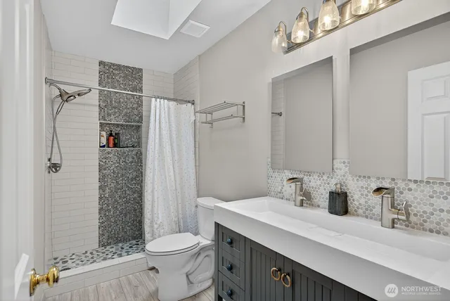 a bathroom with a double vanity sink toilet and shower