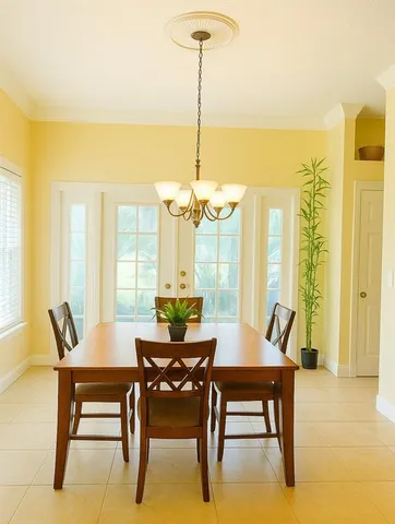 a dining room with furniture and window