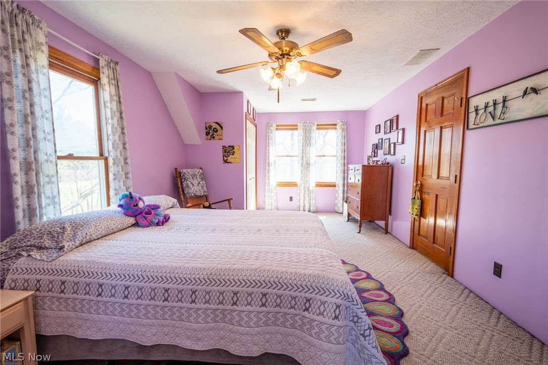 14027 Mayfield Road Huntsburg, OH 44046 - Photo 28 of 50 Carpeted bedroom featuring multiple windows, a ceiling fan with integrated lighting, and a wood-paneled door
