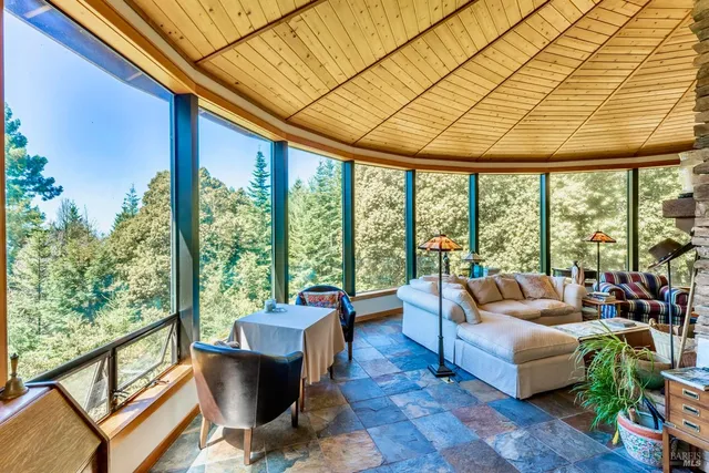 a living room with furniture and a backyard