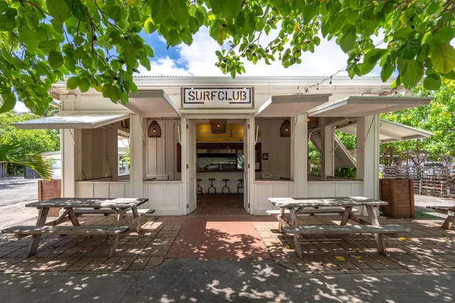 a view of a shop with a large tree