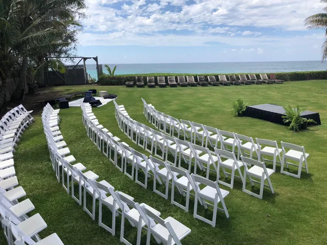 a view of a city with lawn chairs