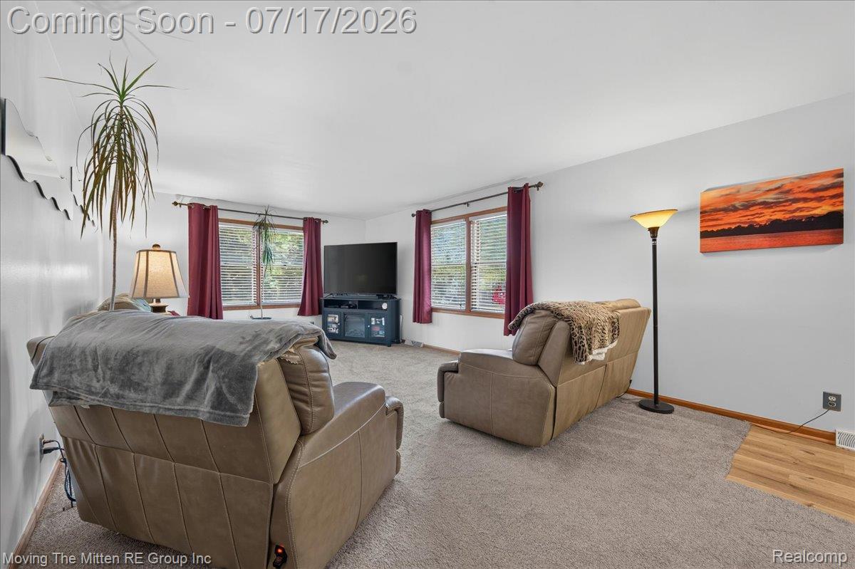 40162 Alden Road Belleville, MI 48111 - Photo 7 of 67 Carpeted living area featuring white walls, multiple windows with blinds and curtain rods, and an area of wood-finish flooring