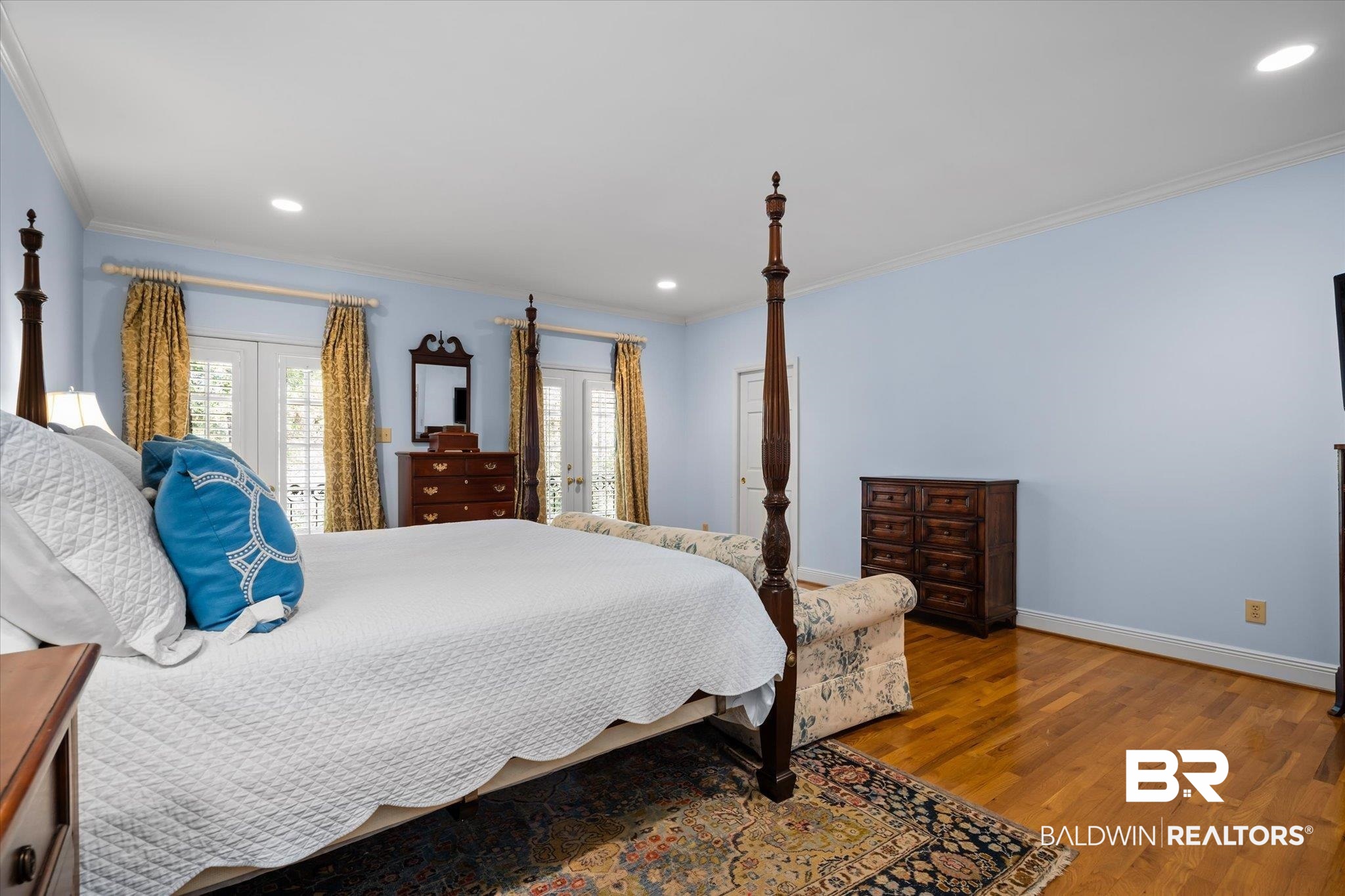143 Myrtlewood Lane Mobile, AL 36608 - Photo 24 of 55 Bedroom featuring baseboards, ornamental molding, recessed lighting, french doors, and wood finished floors