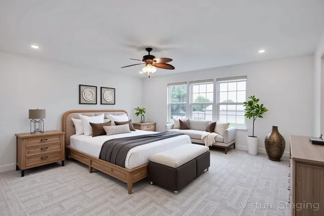 a spacious bedroom with a large bed and a window