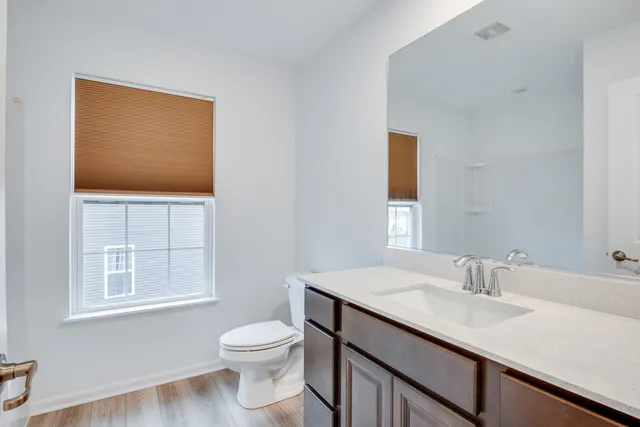 a bathroom with a sink vanity and a toilet