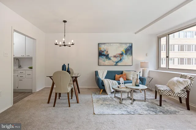 a living room with furniture a rug and a window