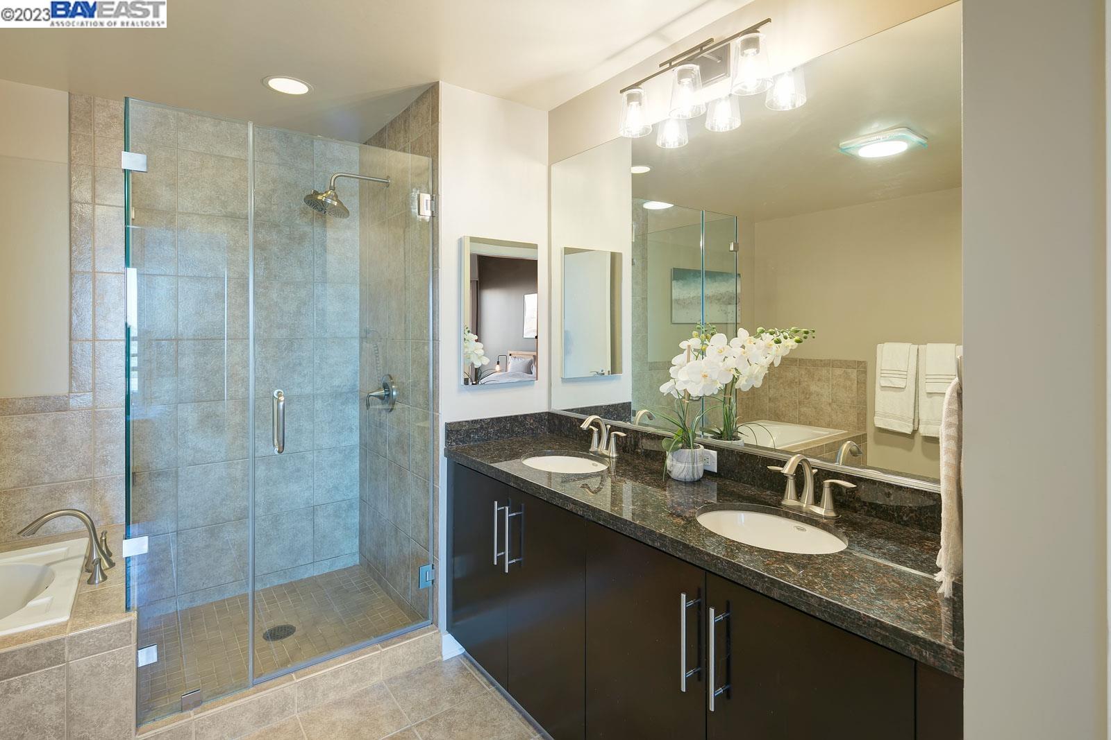 222 Broadway, Unit 1004 Oakland, CA 94607 - Photo 27 of 60 a bathroom with a granite countertop shower sink and mirror