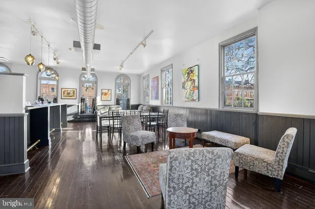 a view of a dining room with furniture