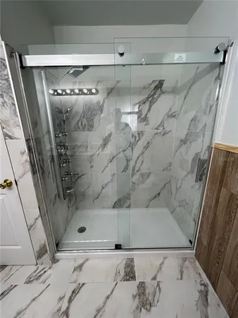 a bathroom with a bathtub