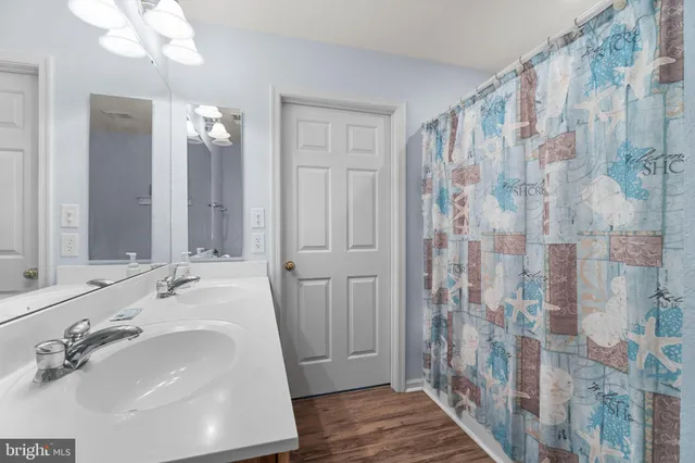 a bathroom with a sink a mirror and a shower