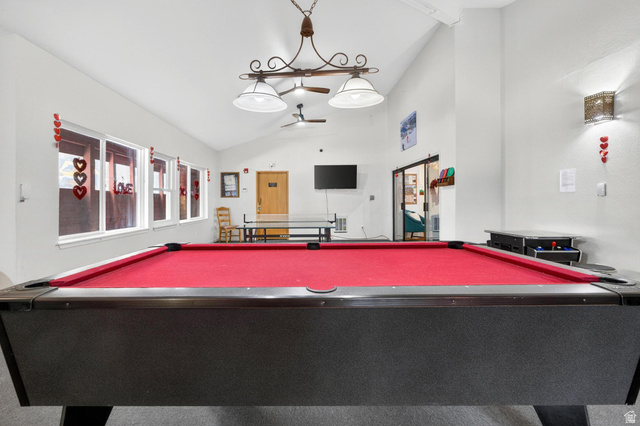 407 South Vasels Road, Unit 24 Brian Head, UT 84719 - Photo 35 of 63 Recreation room featuring ceiling fan, vaulted ceiling, and pool table