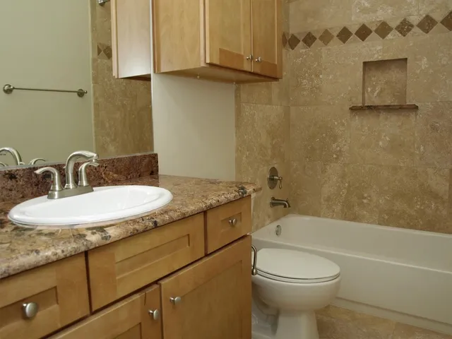 a bathroom with a granite countertop sink toilet and shower