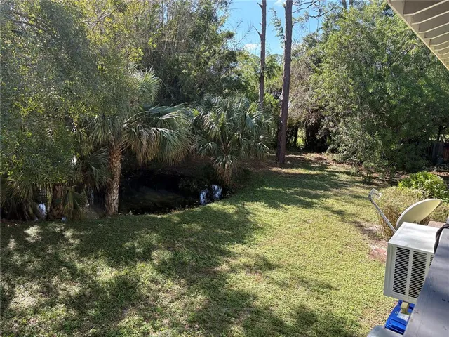 a view of a backyard with plants and large trees