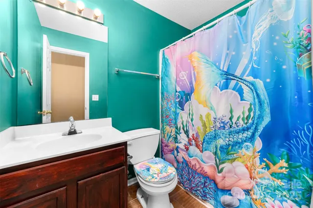 a bathroom with a sink toilet and mirror