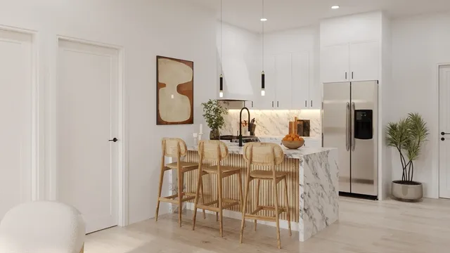 a dining room with furniture and a floor to ceiling window