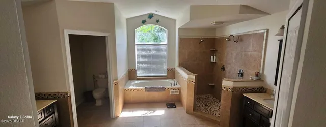 a bathroom with a tub toilet sink and mirror