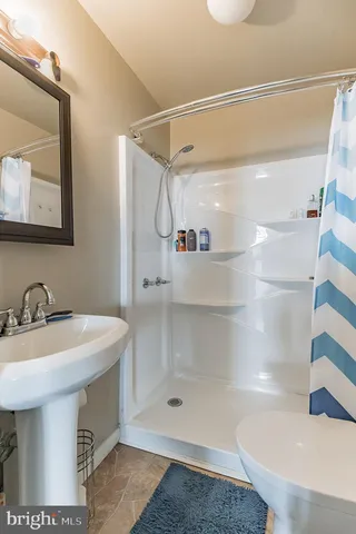 a bathroom with a sink a mirror and a shower