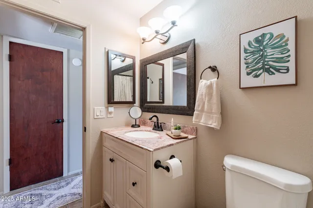 a bathroom with a toilet a sink and mirror