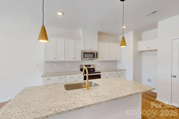 a kitchen with a sink a counter top space appliances and cabinets