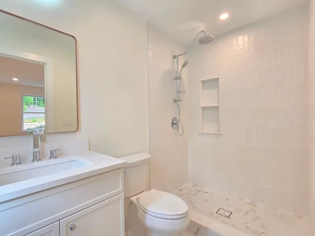 a bathroom with a sink a toilet a shower and a mirror