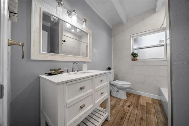 a bathroom with a sink vanity and a mirror