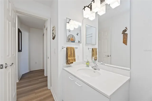 a bathroom with a sink vanity and a mirror