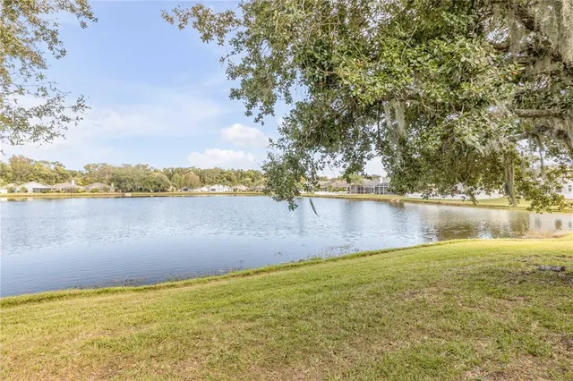 a view of a lake with houses in the background