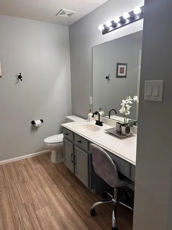 a bathroom with a sink a light fixture and a toilet