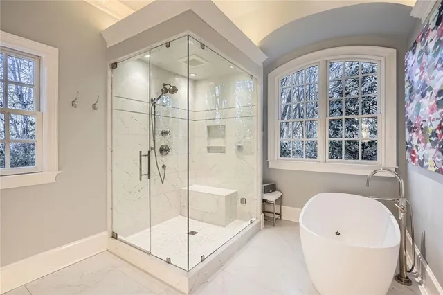 a bathroom with a bathtub and a shower