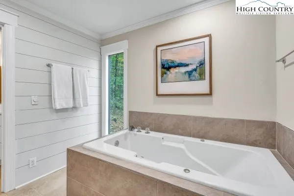 a bathroom with a bathtub and a shower