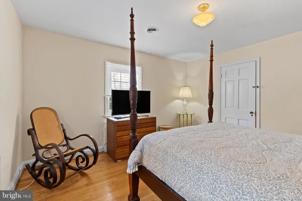 a bedroom with bed and a flat tv screen on dresser