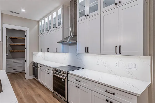 a kitchen with stainless steel appliances white cabinets and a stove