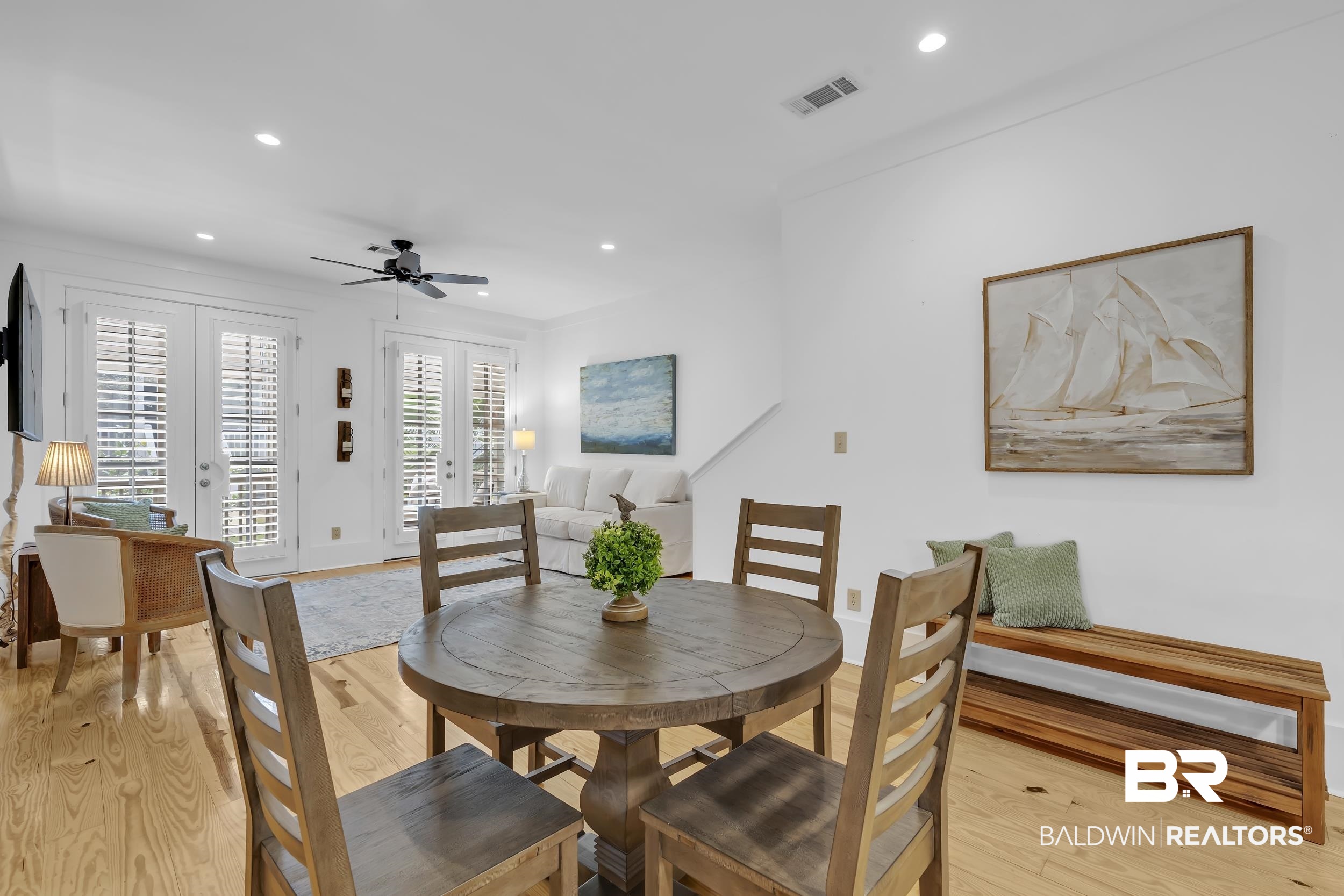 25773 Canal Road, Unit 32 Orange Beach, AL 36561 - Photo 7 of 35 Dining space featuring french doors, ceiling fan, light wood finished floors, and recessed lighting