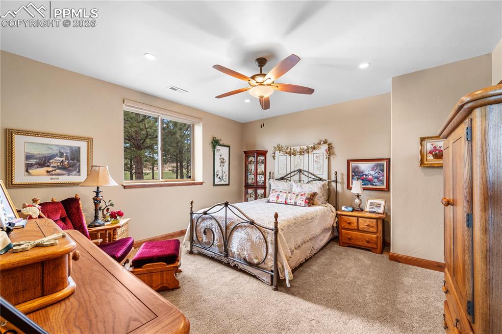 18890 Wing Tip Road Colorado Springs, CO 80908 - Photo 28 of 48 a bedroom with a bed and a chandelier