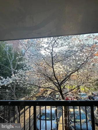 a view of a yard from a balcony