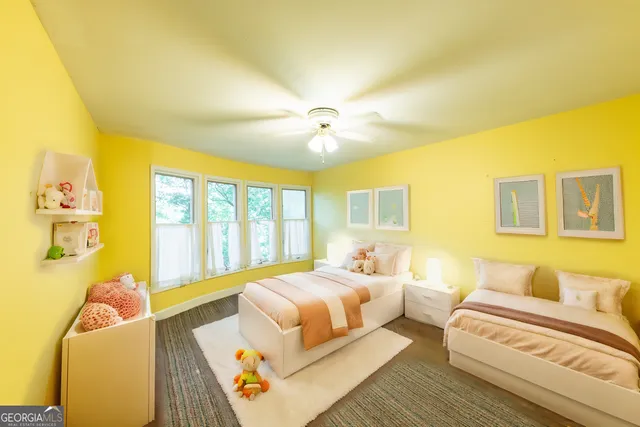 a view of a forest with trees in the background