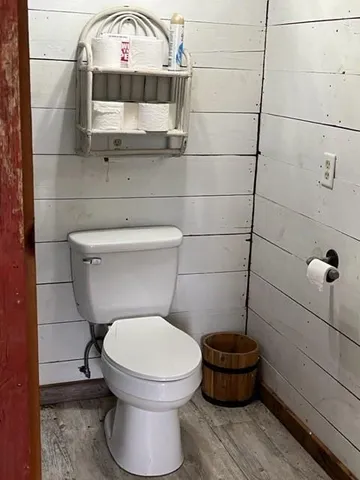 a bathroom with a toilet and a mirror
