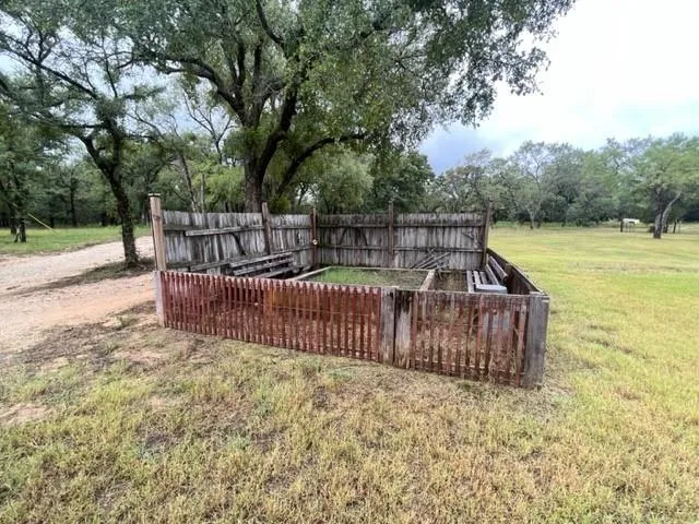 a view of a backyard with large trees and wooden fence