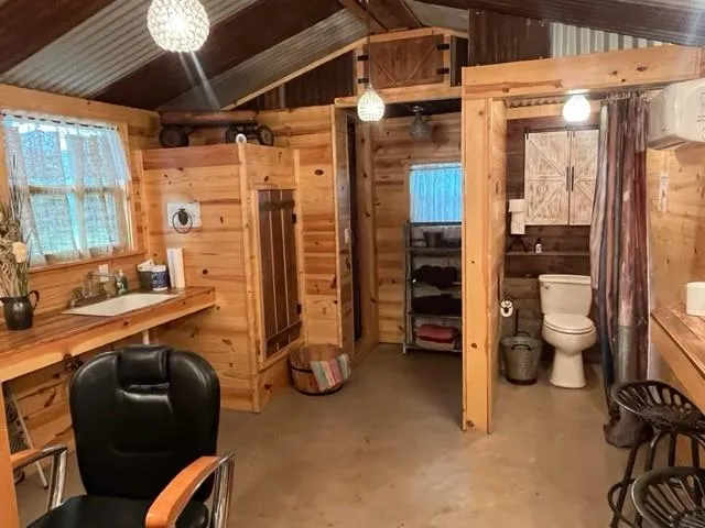 a view of a livingroom with furniture and a chandelier