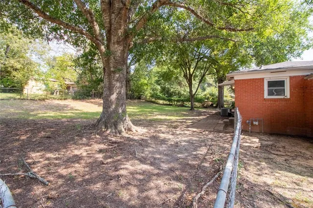 a view of a backyard with large tree
