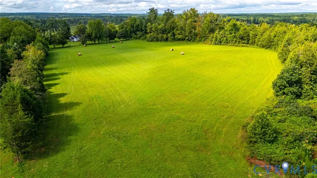 a view of a large yard with a large trees and wooden fence