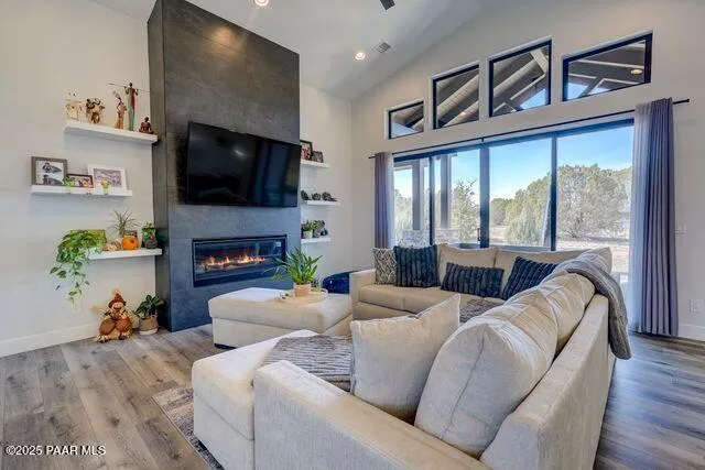 a living room with furniture a flat screen tv and a fireplace
