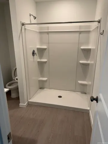 a bathroom with a shower and toilet