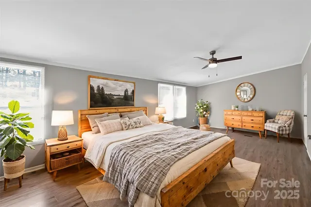 a bedroom with a bed a couch and a potted plant