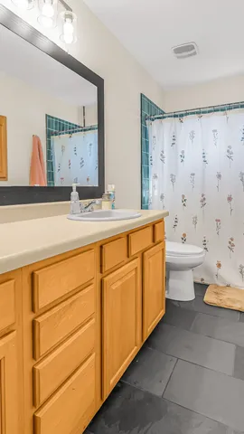 a bathroom with a sink a toilet and a mirror