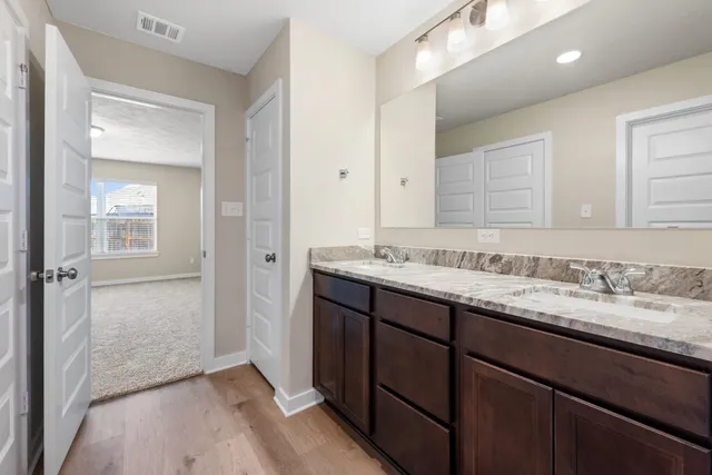 a bathroom with a granite countertop sink mirror and double