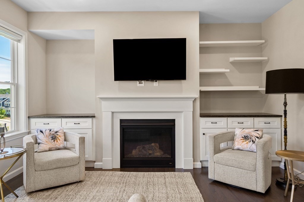 1 Revolution Way, Unit 201 Canton, MA 02021 - Photo 11 of 38 a living room with furniture a fireplace and a flat screen tv