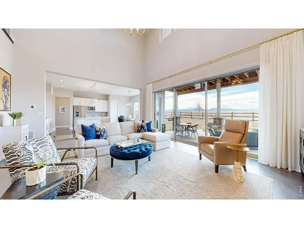 a living room with furniture and floor to ceiling window